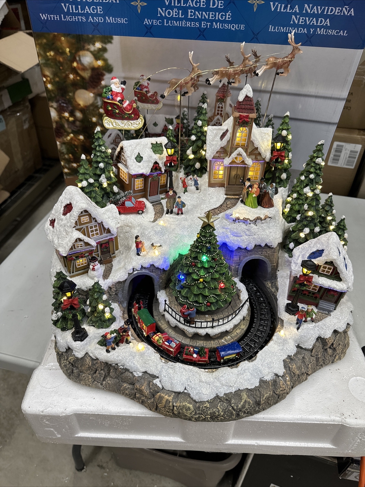 Animated Mountain Train Christmas Village Santa Sleigh Reindeer Musical 17” NEW