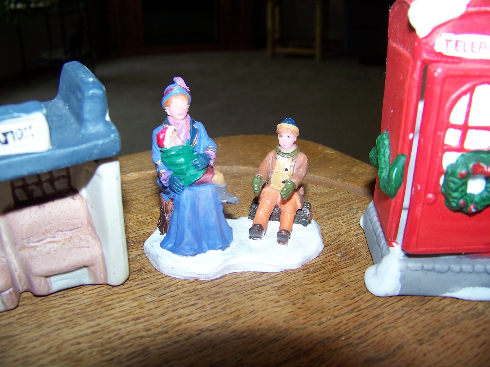 Lot of 3 Christmas Village Accessories Telephone Booth/Bus Station/Towns people