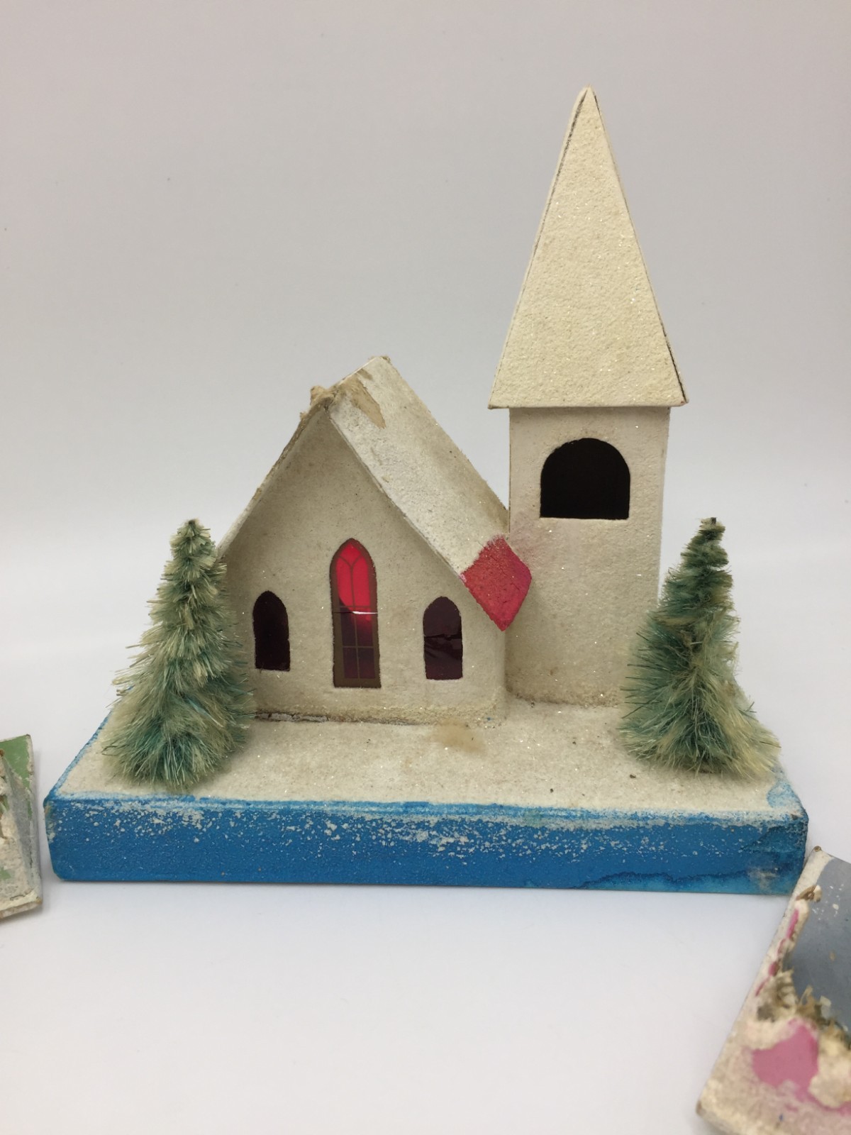 4 Japan Putz Christmas Village Houses,Church,Farmhouse,Cardboard,Glitter,Handmad