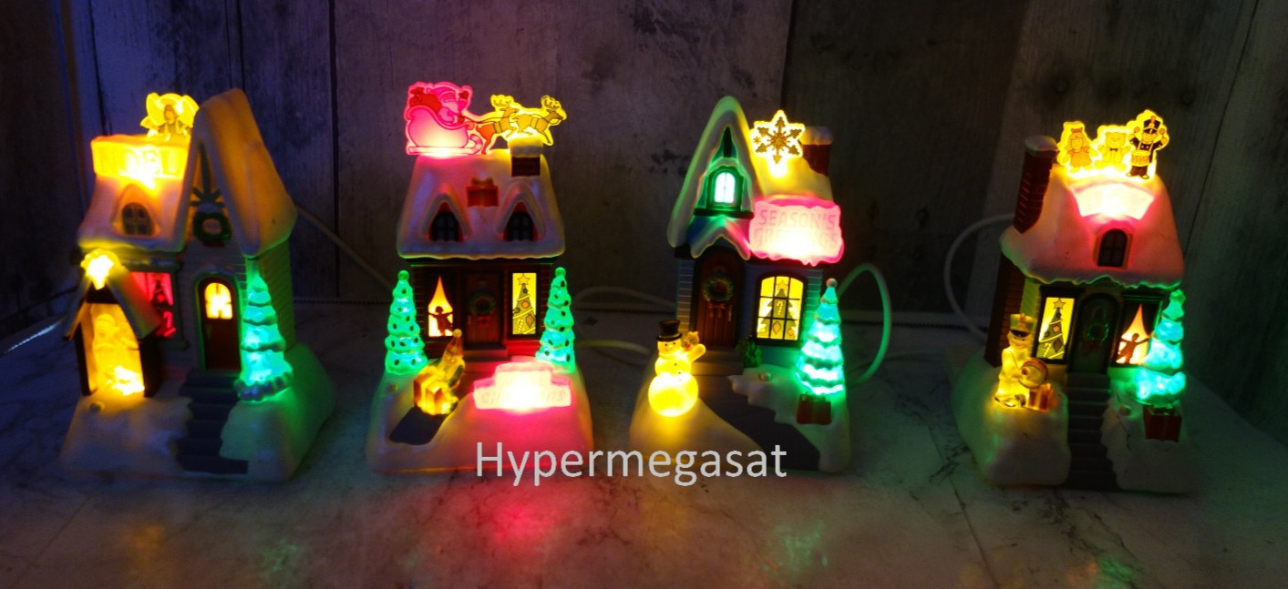 Set of 4 Hallmark Musical Lights Up Synchronized Caroling Cottages Houses 2009