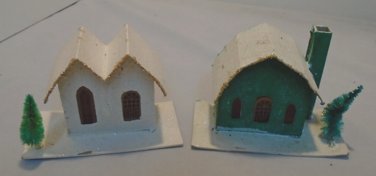 Christmas Cottages Glitter Cardboard Tree 2.75″ Tall 4″x2″ Bottom VTG FREE SHIP