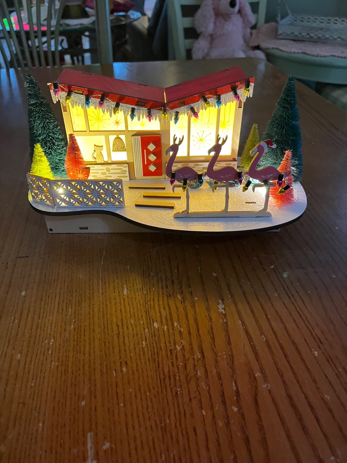 World Market 2022 Lighted MCM Wood Cut Christmas House Holiday Decor Flamingo