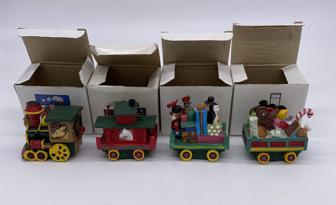 4 Piece Vintage Ceramic Christmas Train Set Santa Bear Toys Penguin Reindeer