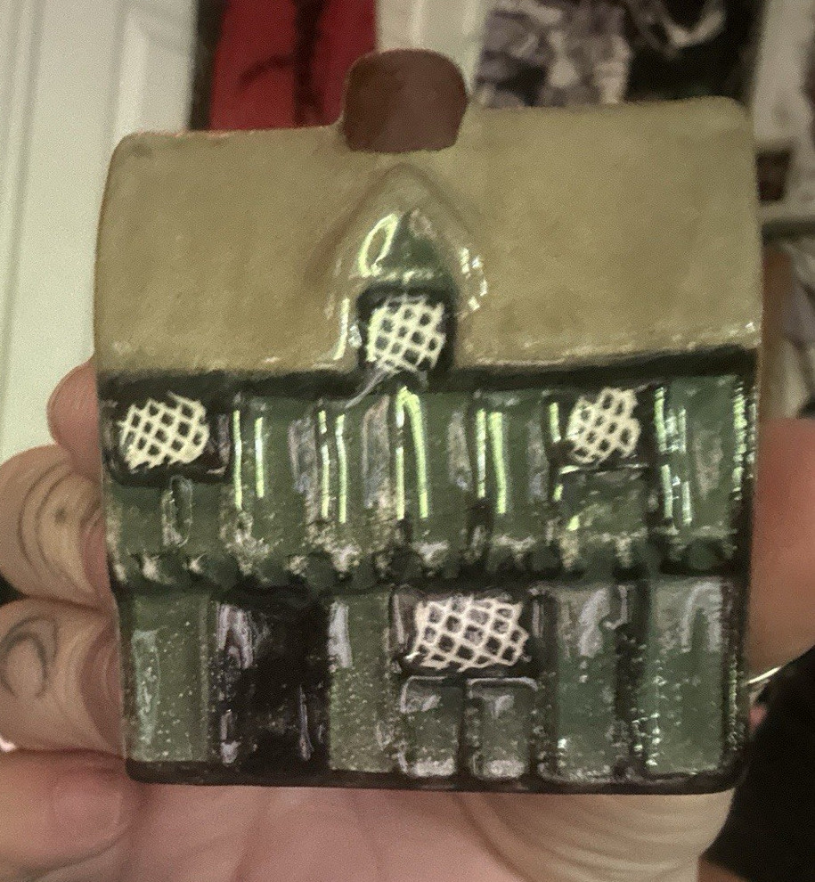 Ceramic & Porcelain Cottage Village House Miniature Figurine, Green Beige Brown
