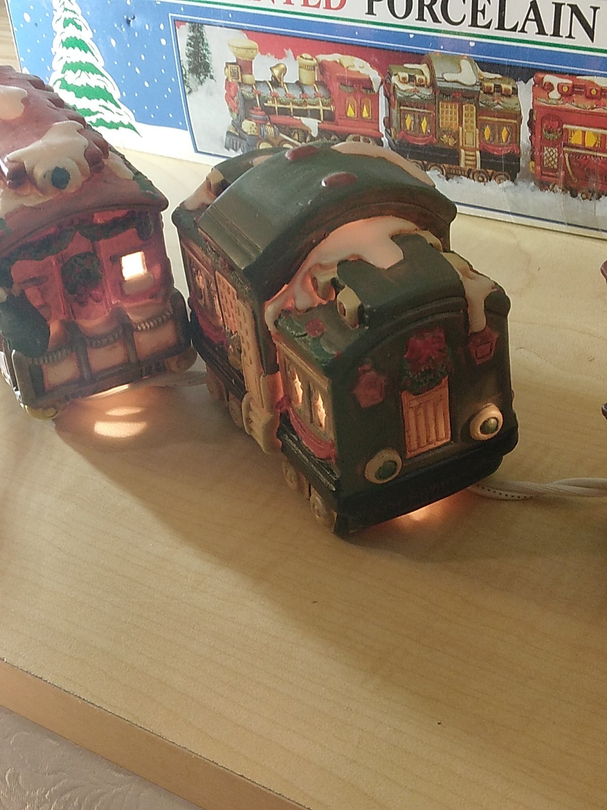 Vintage 1992 Fabri-Centers Hand Painted Porcelain Lighted Train 3pc W/Box Works!