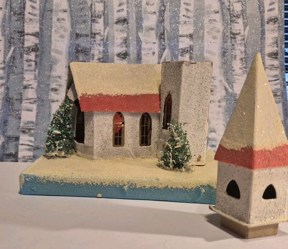 Vintage Putz ChurchHouse Christmas Cardboard Tree Glitter House READ