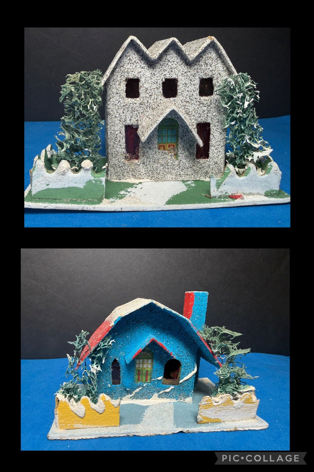 Vntg 1950s Post-WWII Putz House JAPAN Loofah Tree Mica Glitter 4.25″ Lot 2 VGC