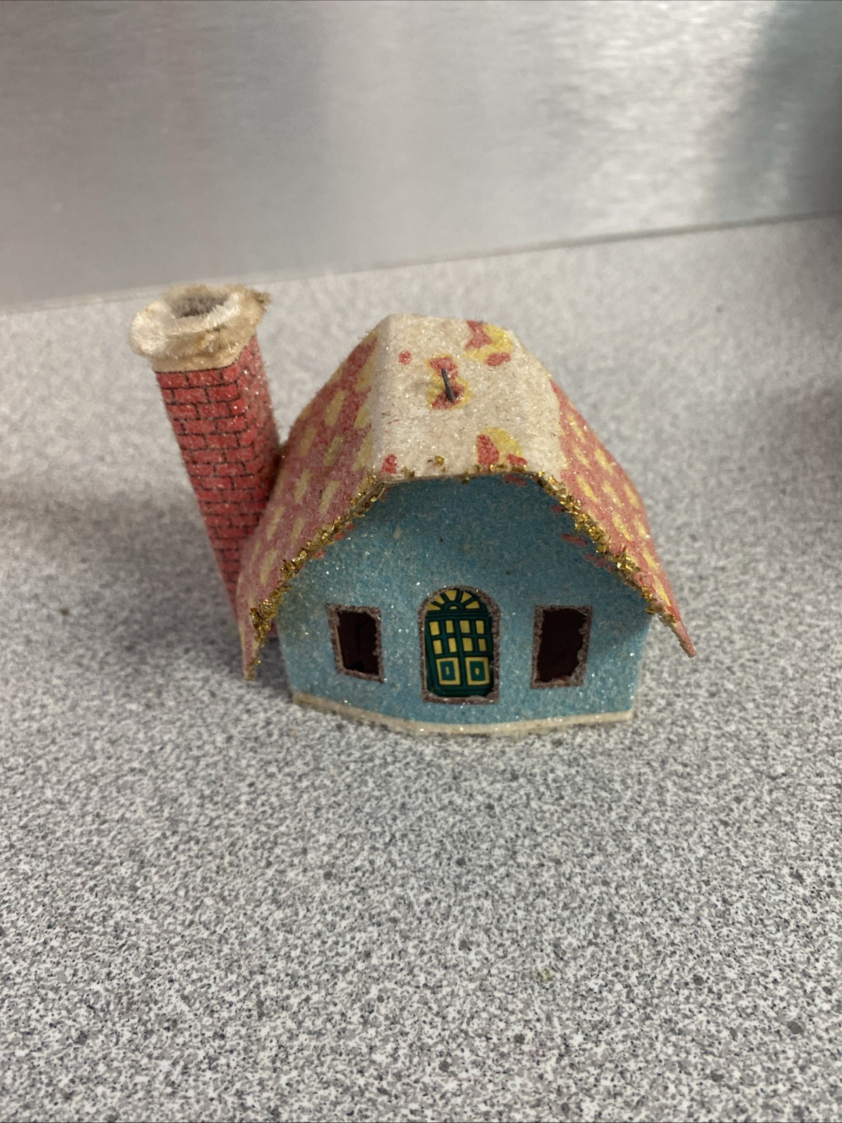 Nice Putz House + 5.5” Tall Glitter Church w/Pipe Cleaner Trim – Needs Some TLC