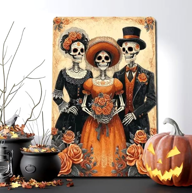 Day of The Dead ELEGANT CATRINA FAMILY 12″ Metal Sign Halloween Wall Decoration