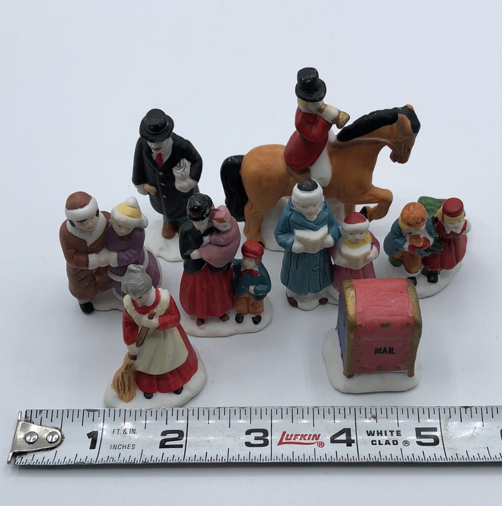 Small Christmas Village Porcelain Bisque Caroling People Horse, Mailbox Lot of 8