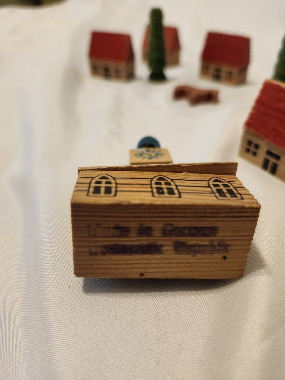 Vintage Erzgebirge Wood Town Hall Building w/6 Houses, 2 Trees & Horse~Germany