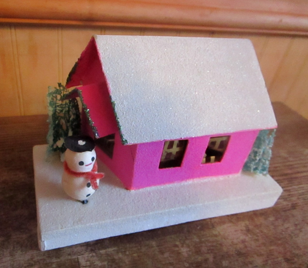 Vintage Putz House with 2 Trees & Snowman