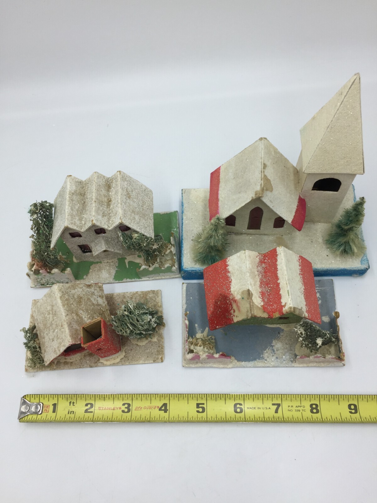 4 Japan Putz Christmas Village Houses,Church,Farmhouse,Cardboard,Glitter,Handmad