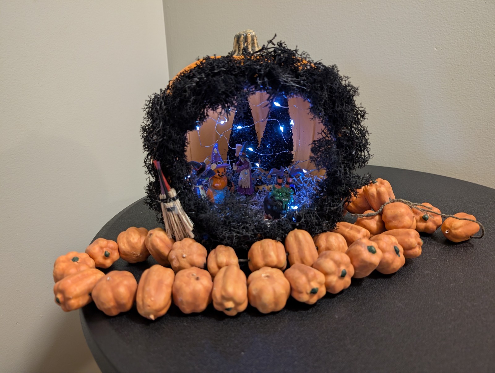 Halloween Pumpkin Diorama: Witch House Scene with Fairy Lights