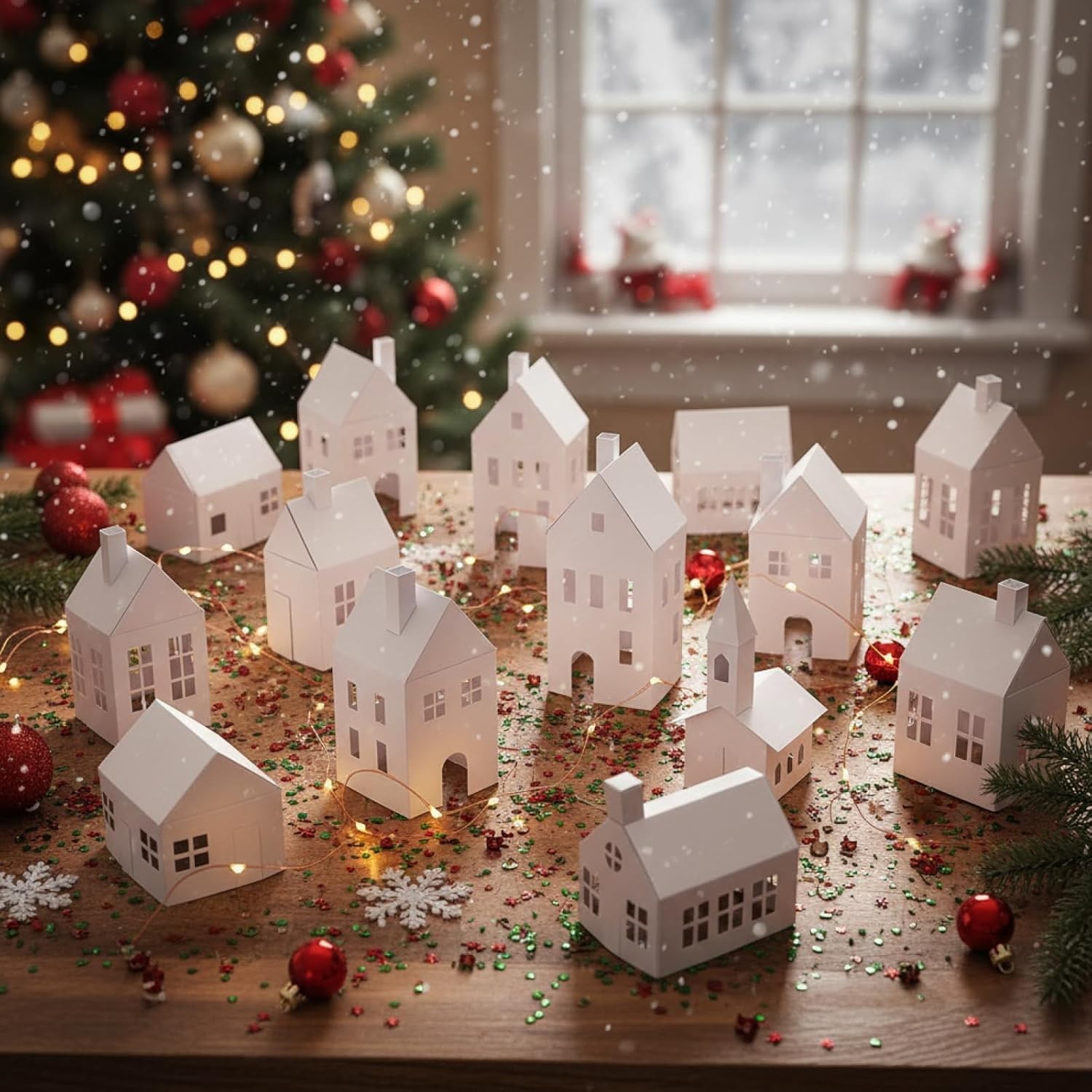 12 Pcs DIY Putz House Village Kit,Unassembled Mini Cardboard Houses to Make..