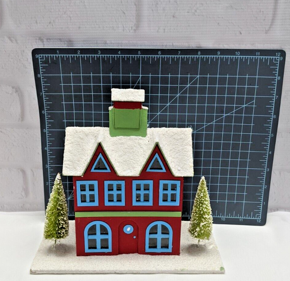 Pottery Barn Christmas Village Decor Red House Small Chimney Tree Snow Roof