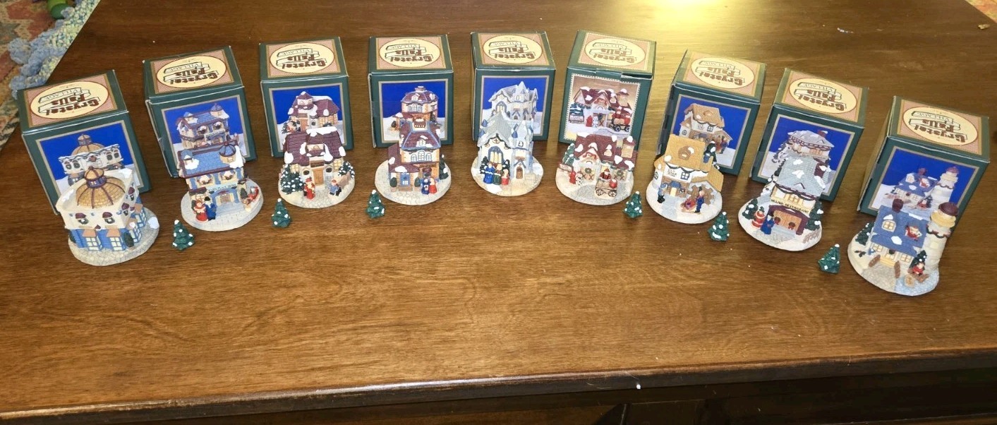 VINTAGE HUGE LOT of 9 1993-94 Crystal Falls Snow Village Houses 3″ Mini w/ Boxes