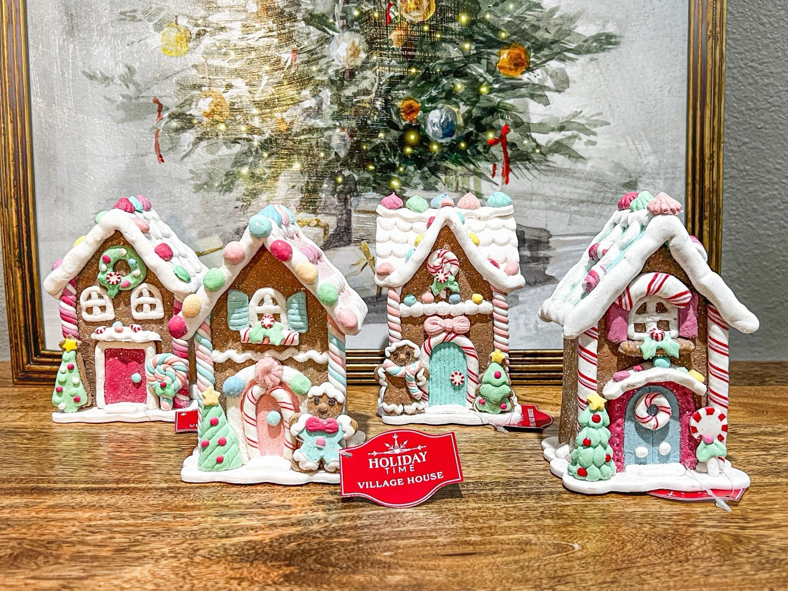 Pastel Gingerbread Village House Set Of 4 Holiday Time Christmas Decoration 5.5”