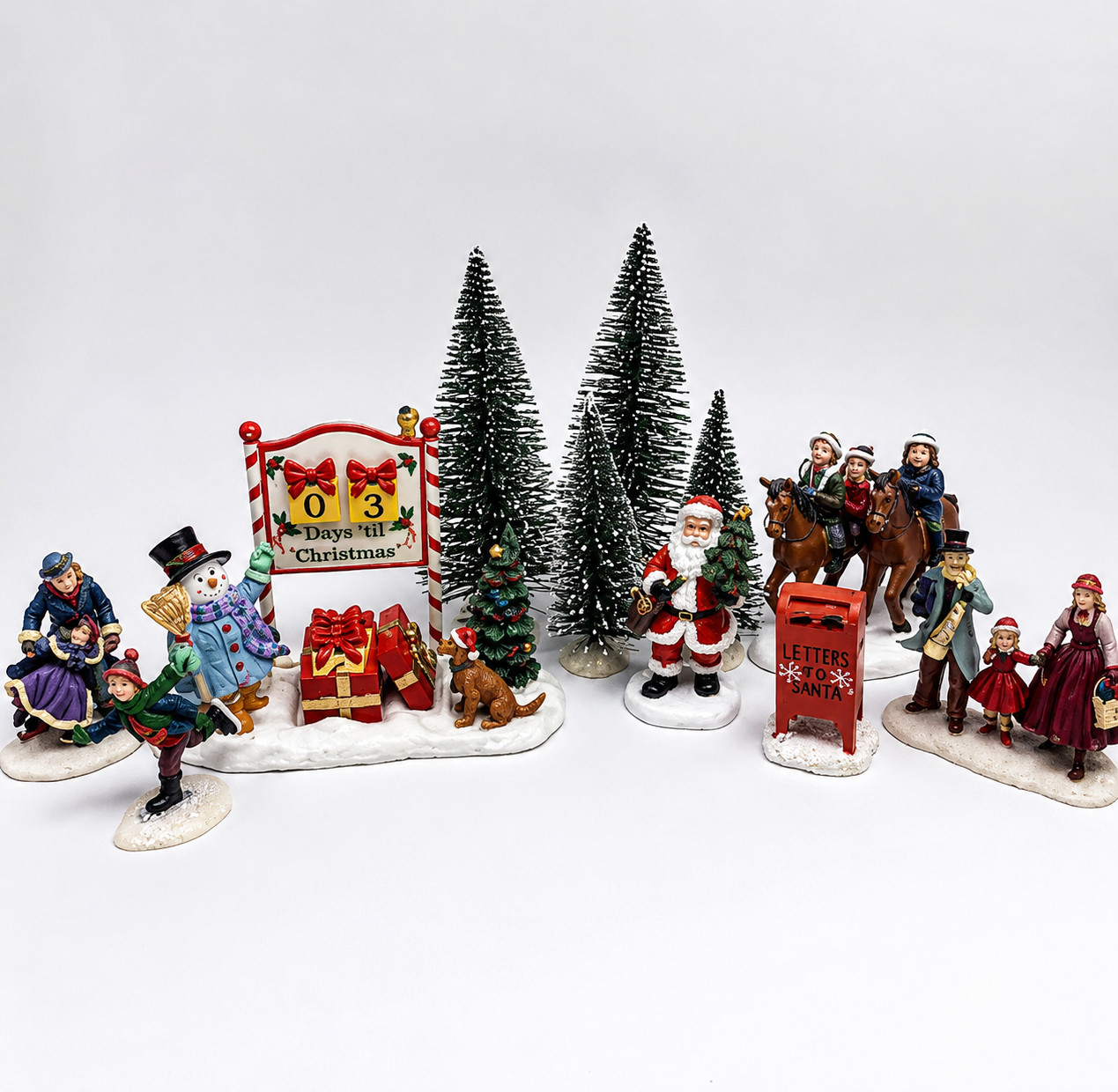 11 Pc Christmas Village Figurine Lot Santa Carolers Horses Lemax Trees