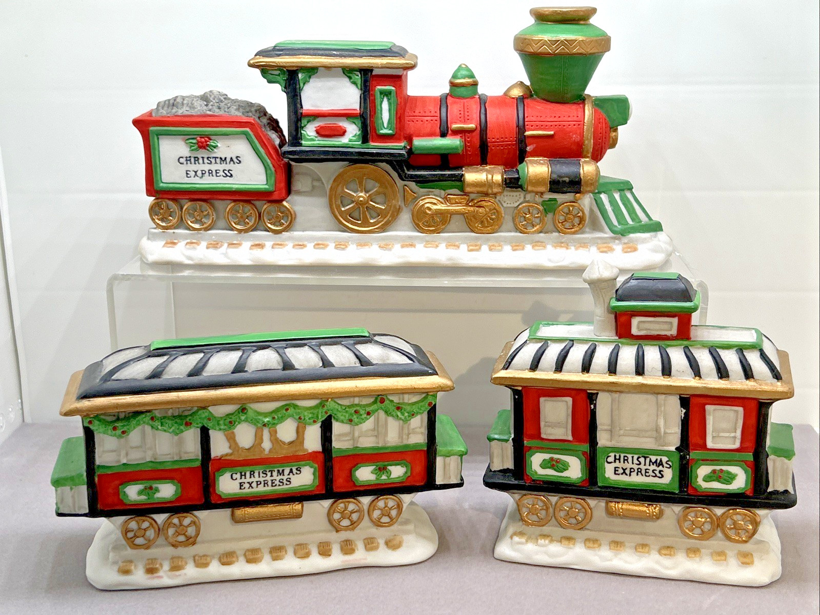 3 pc Holiday Christmas Express Train Car Village Porcelain Ceramic Caboose