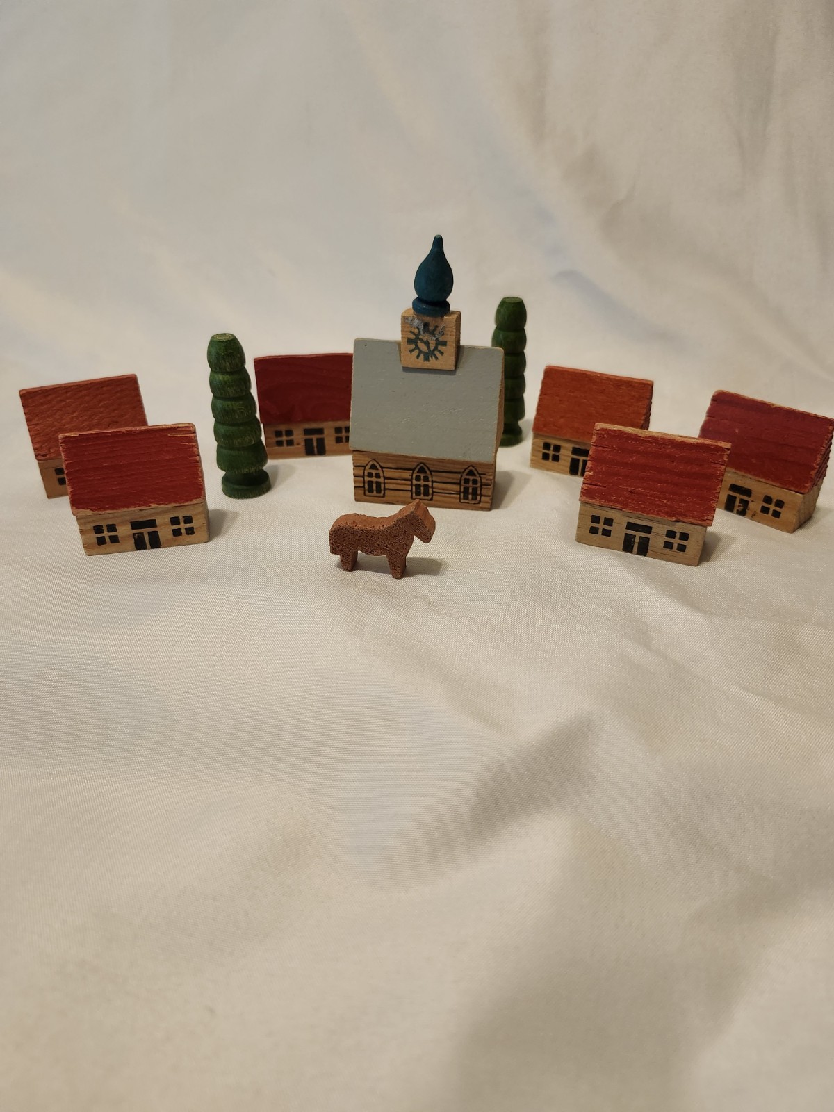 Vintage Erzgebirge Wood Town Hall Building w/6 Houses, 2 Trees & Horse~Germany