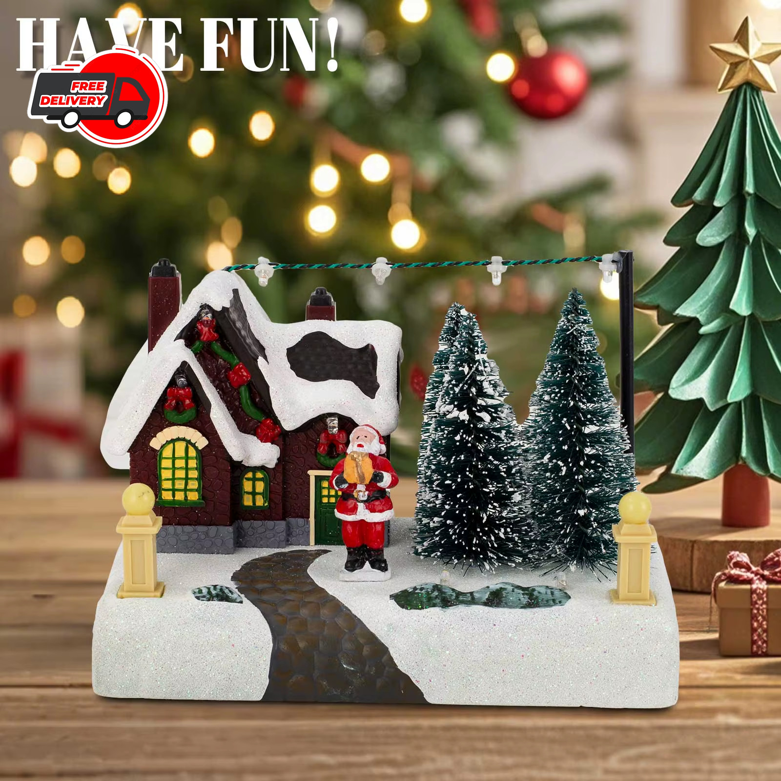 Christmas Village Collectible Building Scene with Lights Trees Santa Snow Town