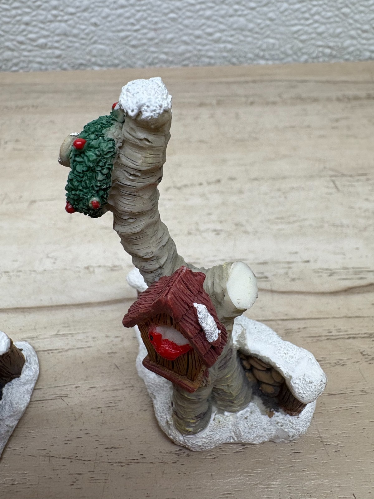 Christmas Village Figurines Set Of 4 People Horse Statue Rider & Bird House Tree