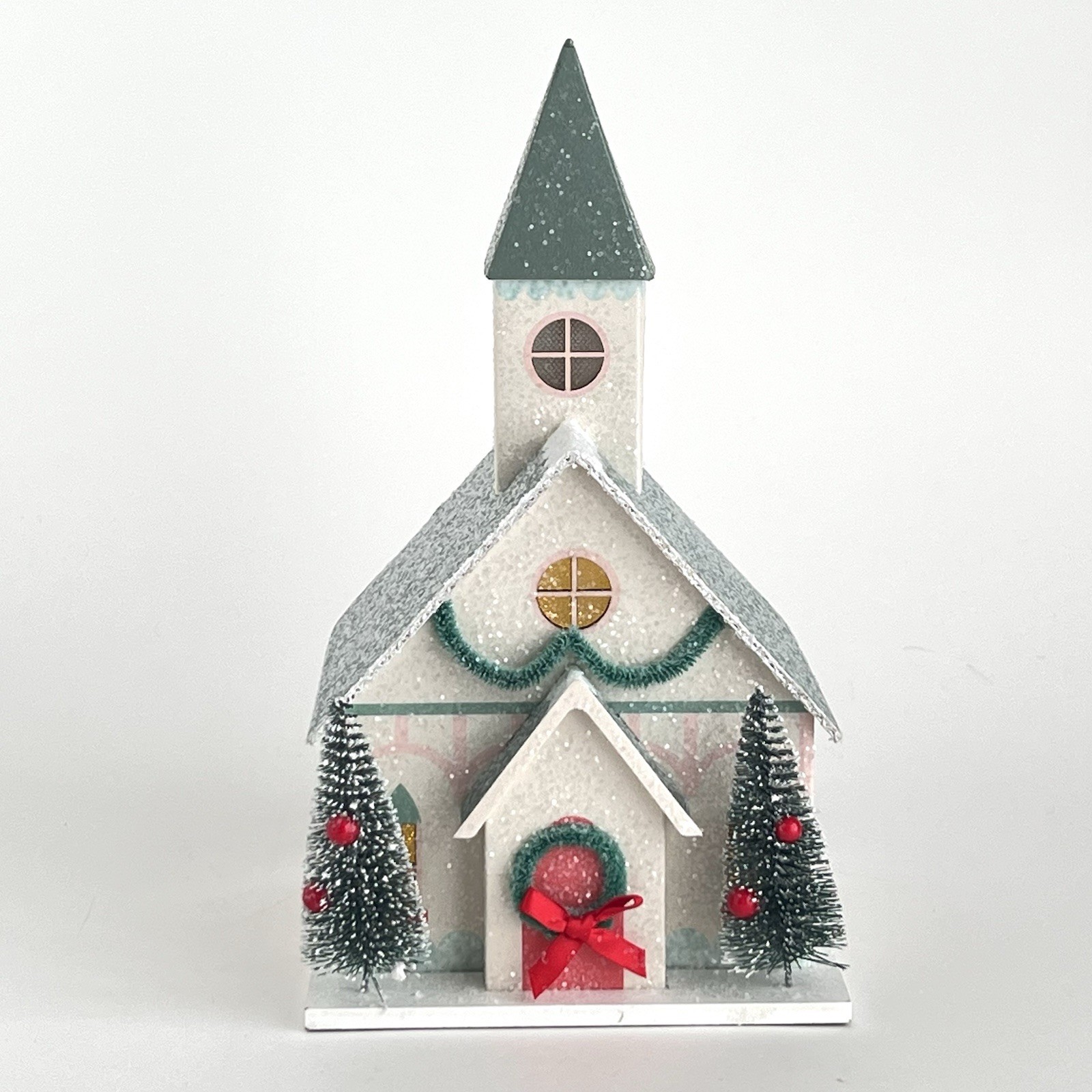 My Minds Eye Christmas Village Church Steeple Pine Trees Wreath Lighted Glitter