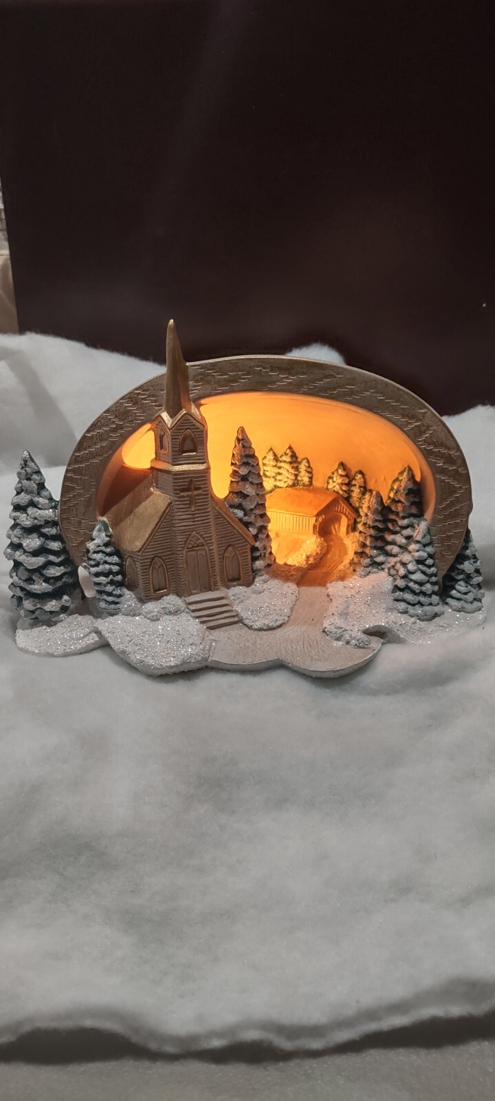 ILLUMINATED Snow Covered Bridge and church Scene Hershey Molds works vtg