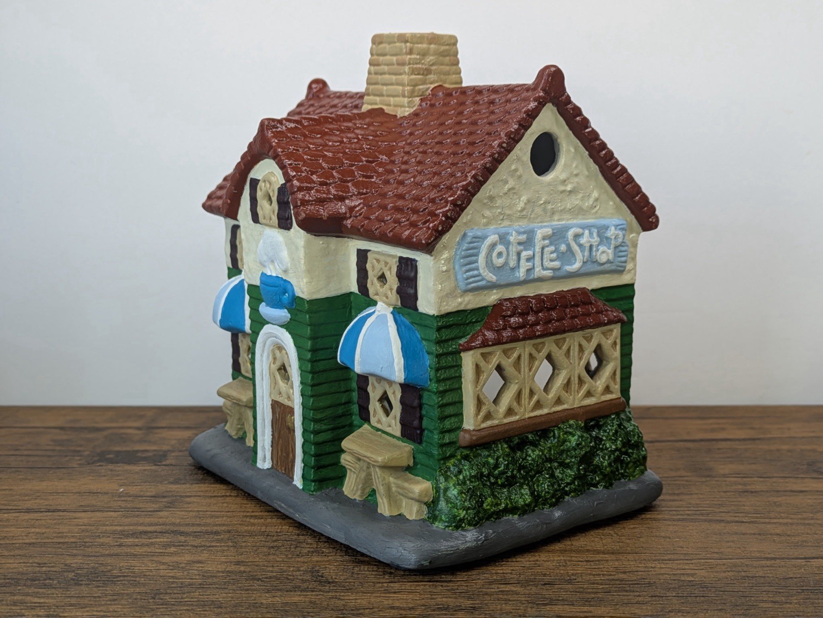 Ceramic Collectible Village House Figurine: Coffee Shop Theme Green/Beige