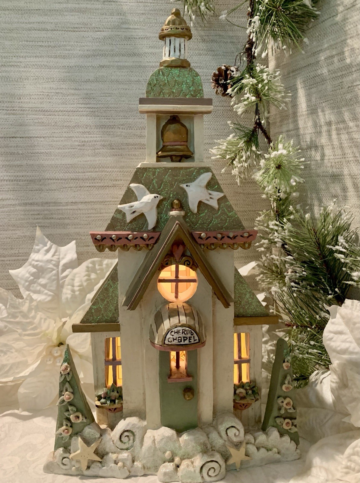 Vintage Kurt Adler Cherub Chapel Lighted Church Christmas Village House 14”