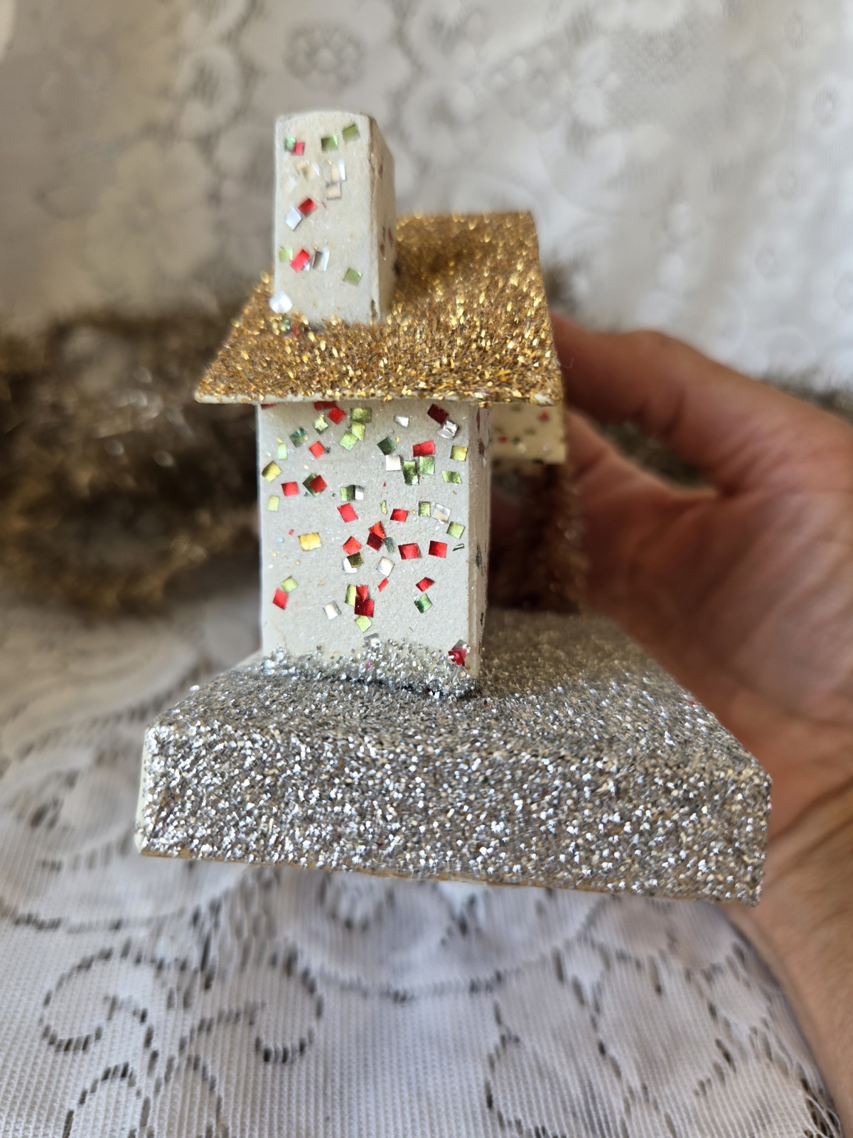 Vintage Putz Christmas Glitter House With Bottle Brush Tree Made In Japan