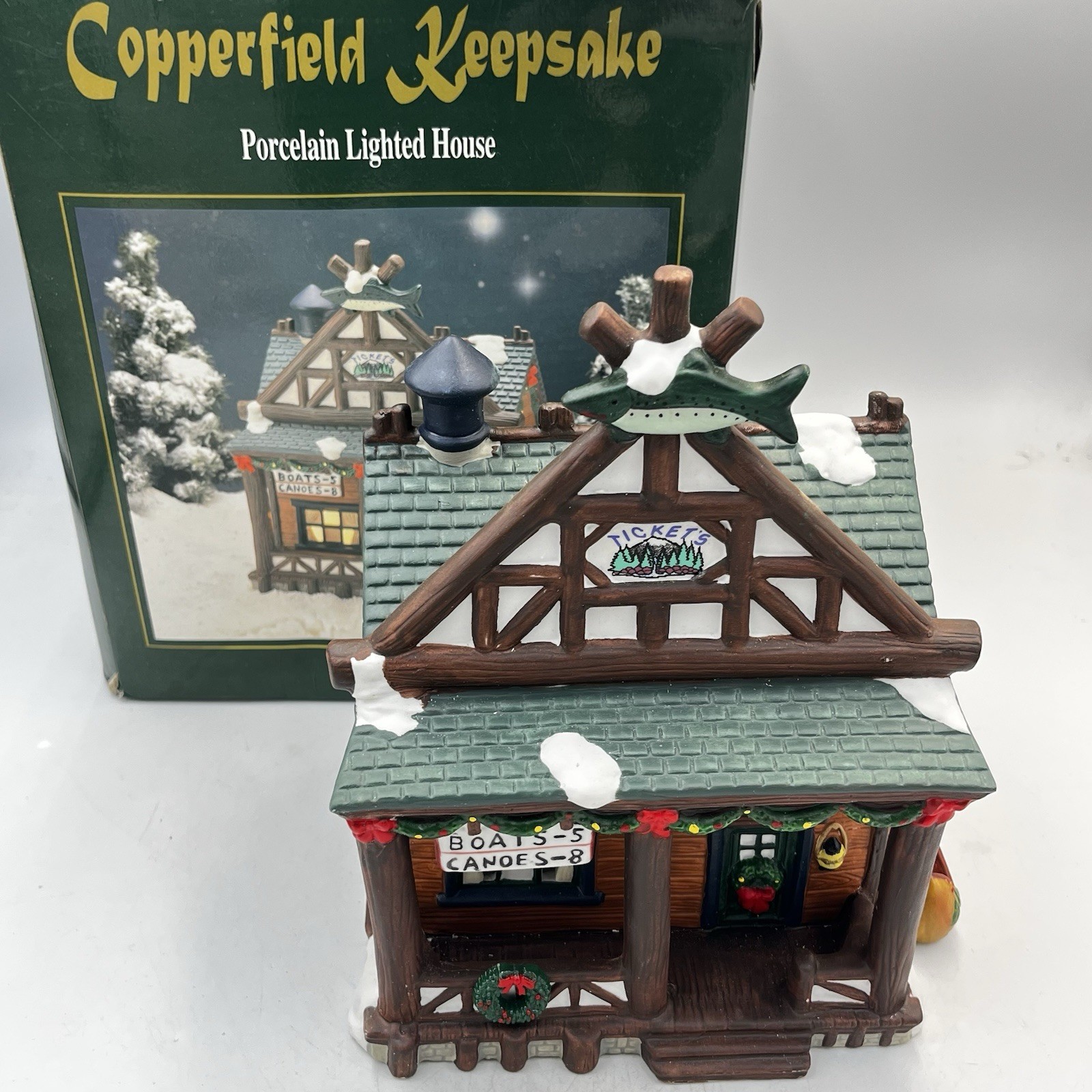 Vintage Copperfield Keepsake Tickets Boat And Canoe Shop Cabin Christmas Village