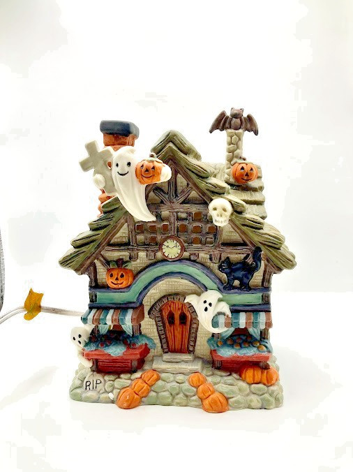 Vintage Porcelain Illuminated Haunted House 7″ Tall w/Cord Ghost with Cross