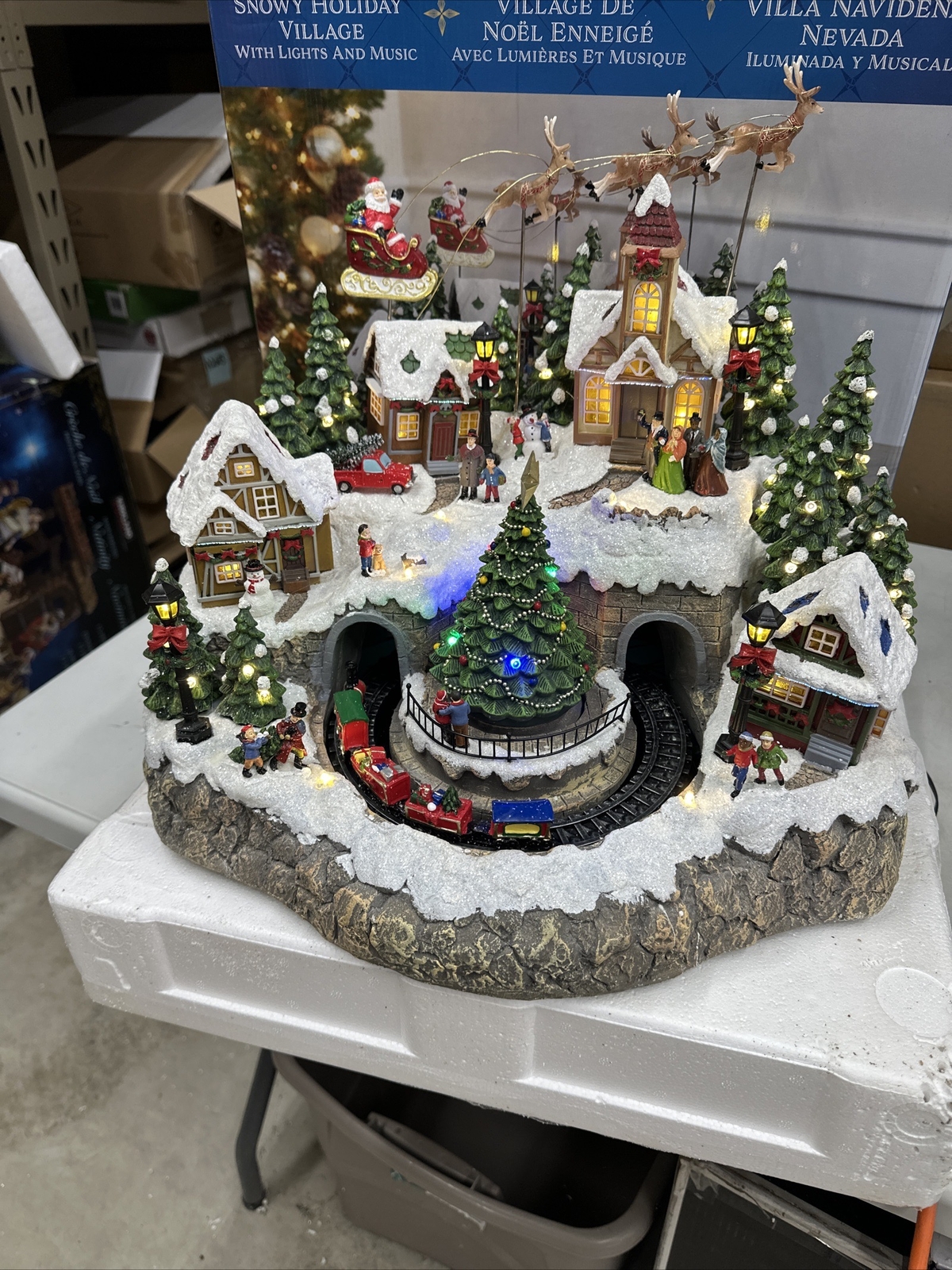 Animated Mountain Train Christmas Village Santa Sleigh Reindeer Musical 17” NEW