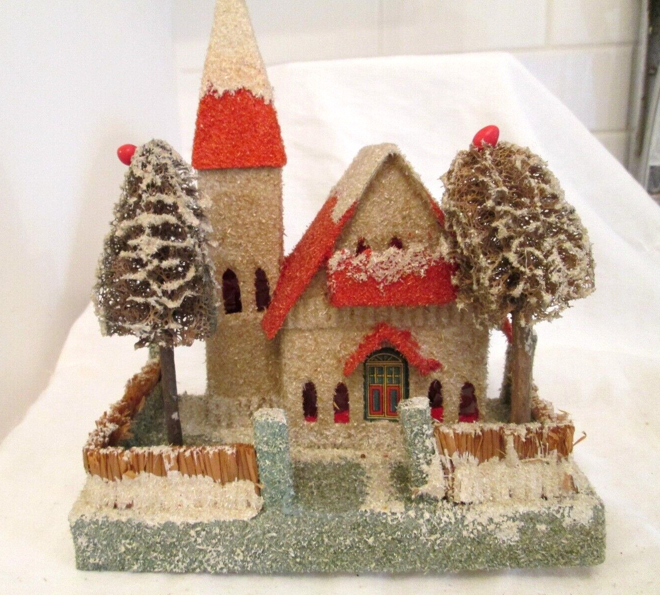8 Antique Christmas Putz Houses with loofah trees dog houses balconies etc