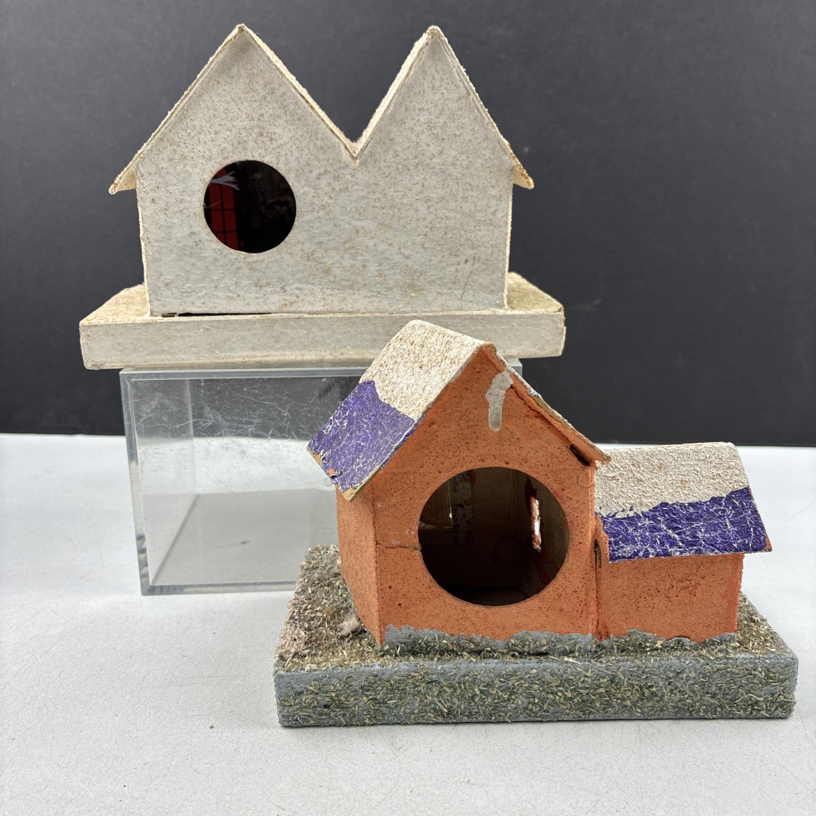 2 Vintage Cardboard Putz Houses w/ Coconut Glitter, Restoration Project, JAPAN