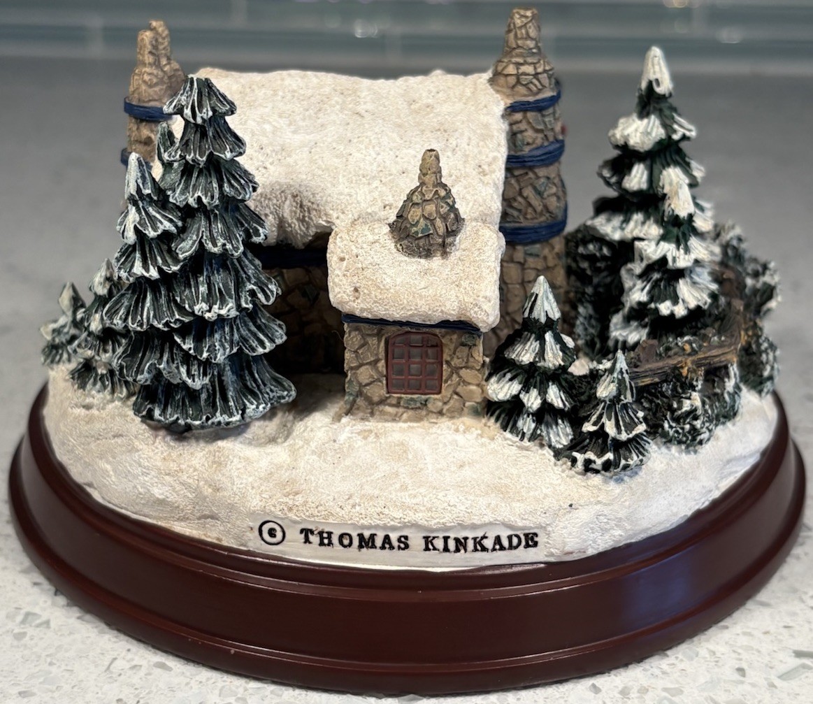 Thomas Kinkade Stonehearth Hutch Winter House Snow Pine Trees Tested Working