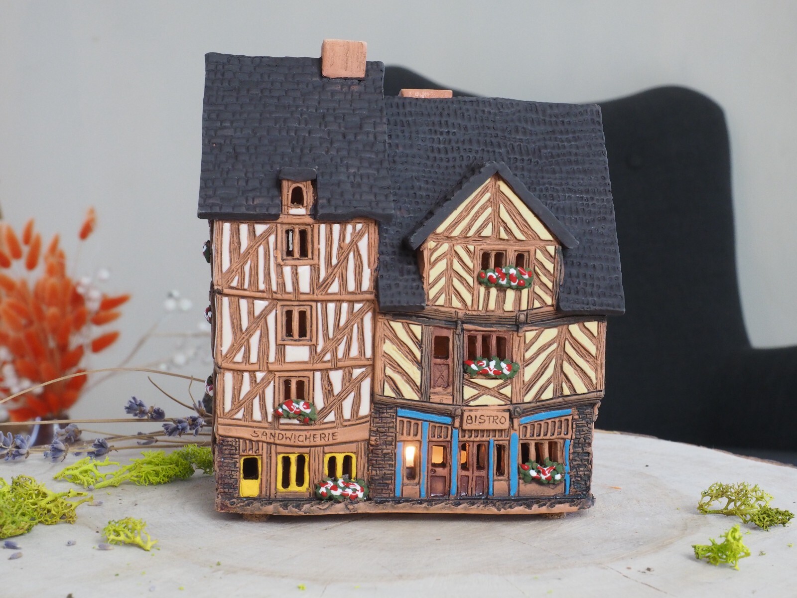 Ceramic Tealight Holder Miniature House in Rennes, France 15 cm Midene Handmade