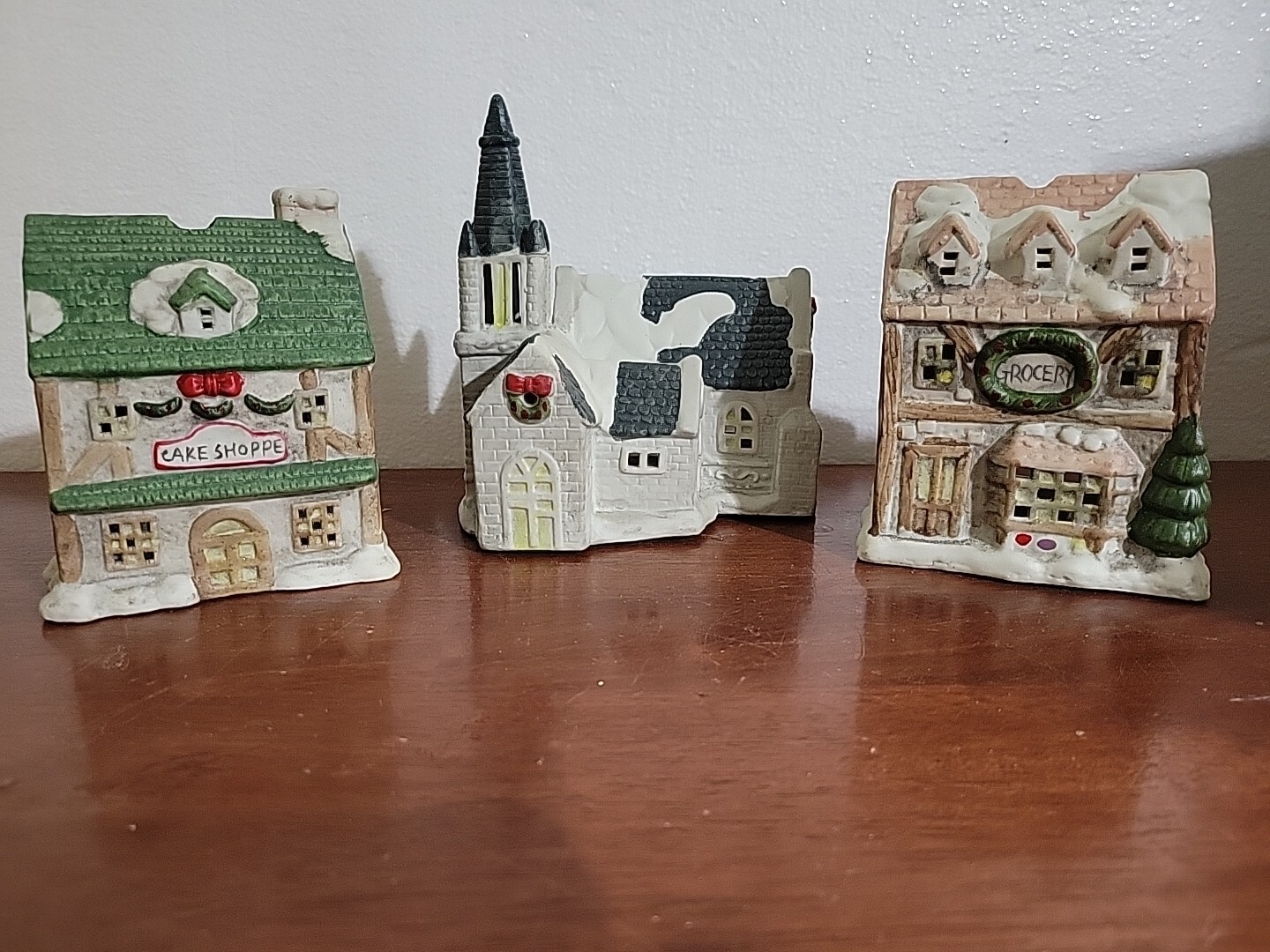 3 Christmas Village Porcelain Houses Candle Light Church Grocery Store Holiday