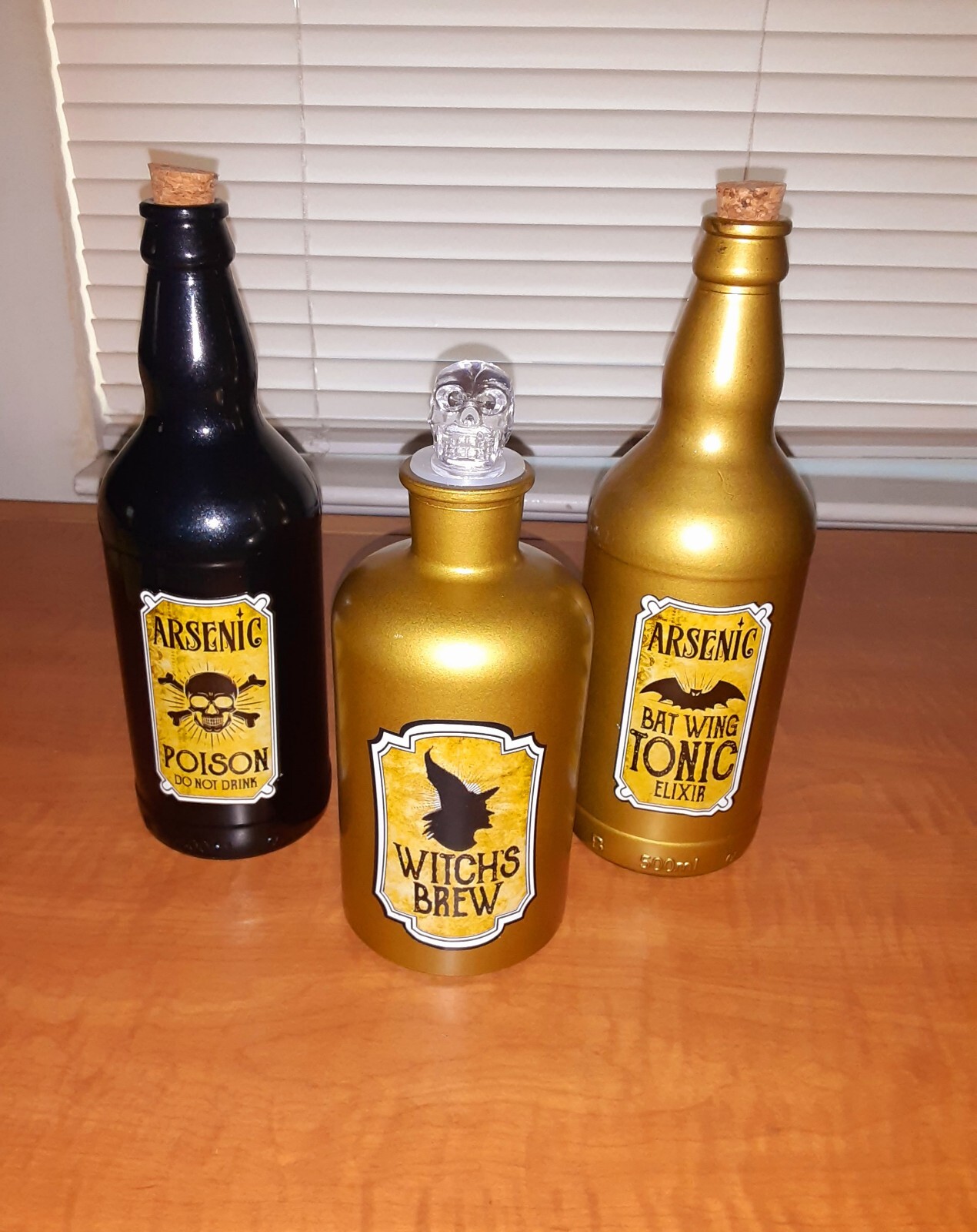 Halloween Decor Apothecary Black & Gold Glass Botttles Jars Set of Three