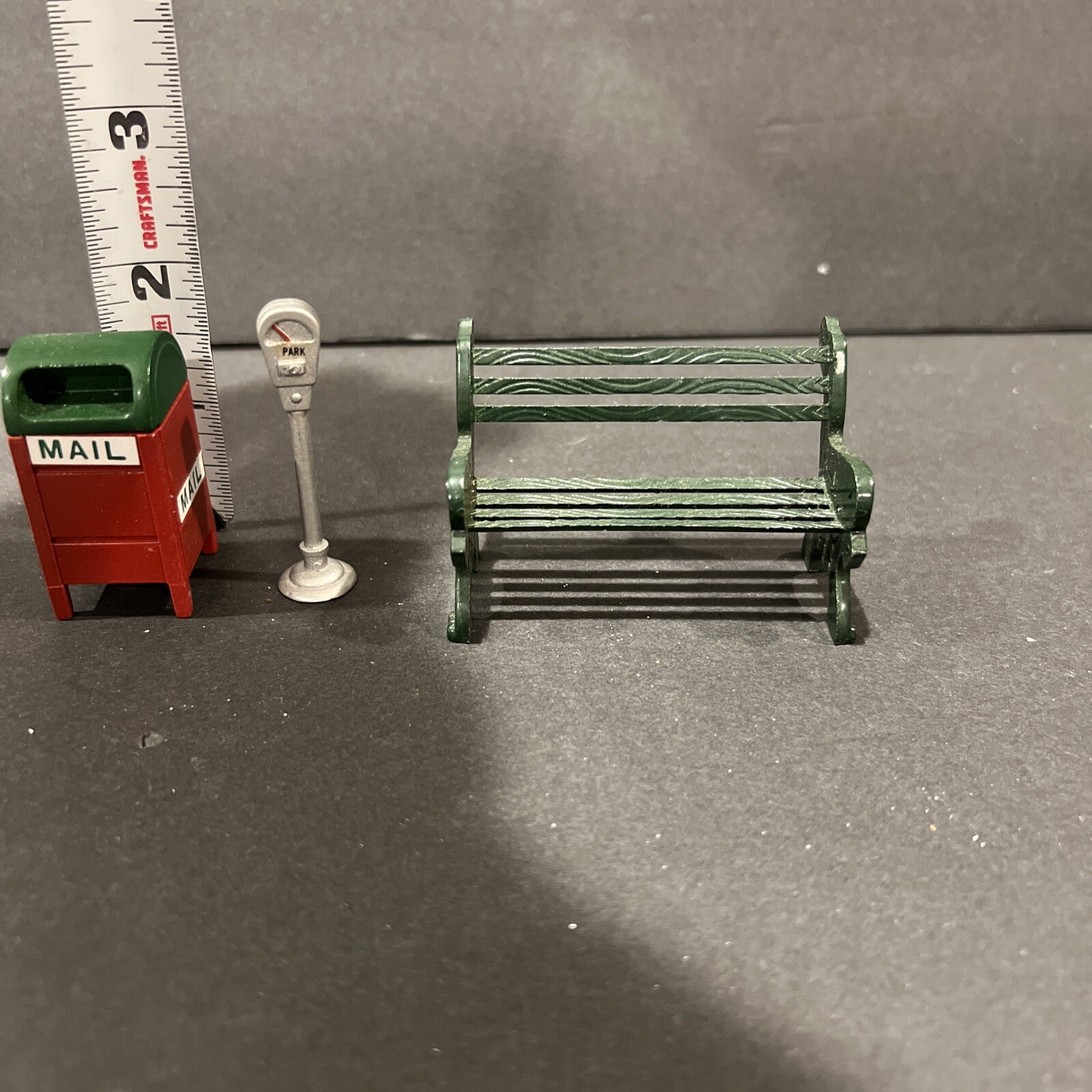 Vtg Christmas Village Metal Mail Box, Bench & Parking Meter Made In Taiwan