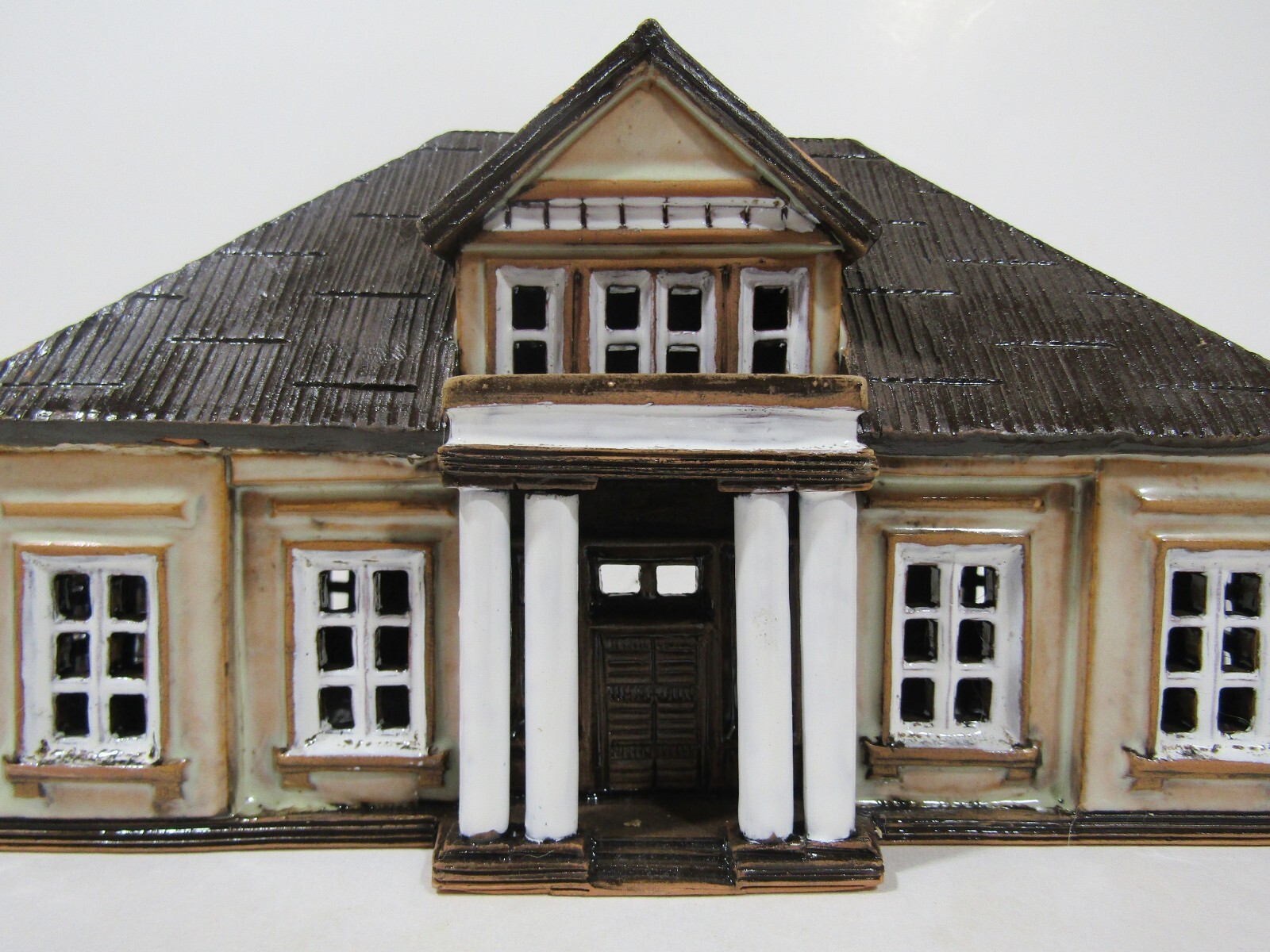 Vintage Clay Ceramic Pottery Tealight Candle Holder Victorian House 8″ W, 4.5″ H