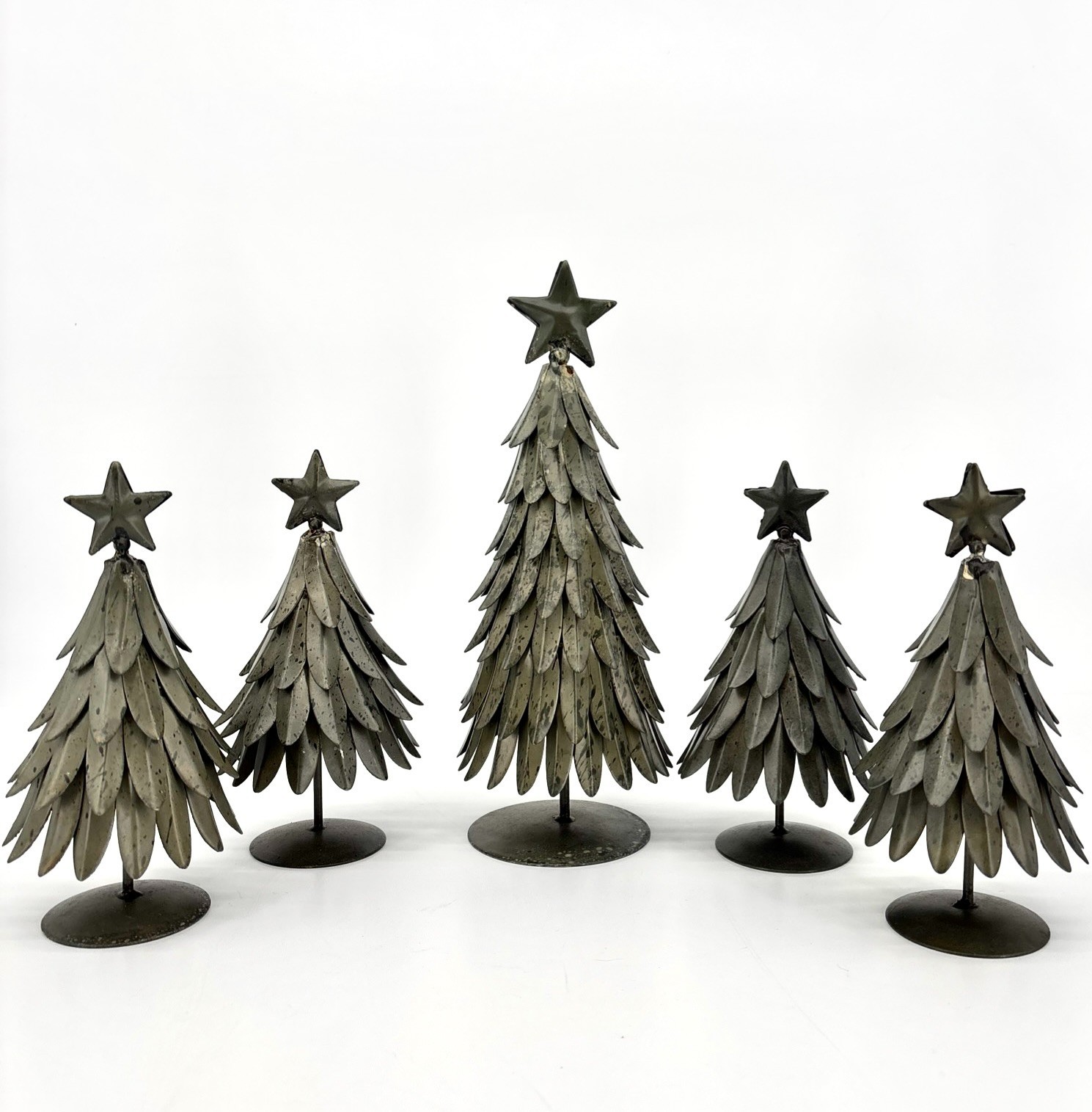 Set of 5 POTTERY BARN Galvanized Village Star Topped Trees Small & Large VTG
