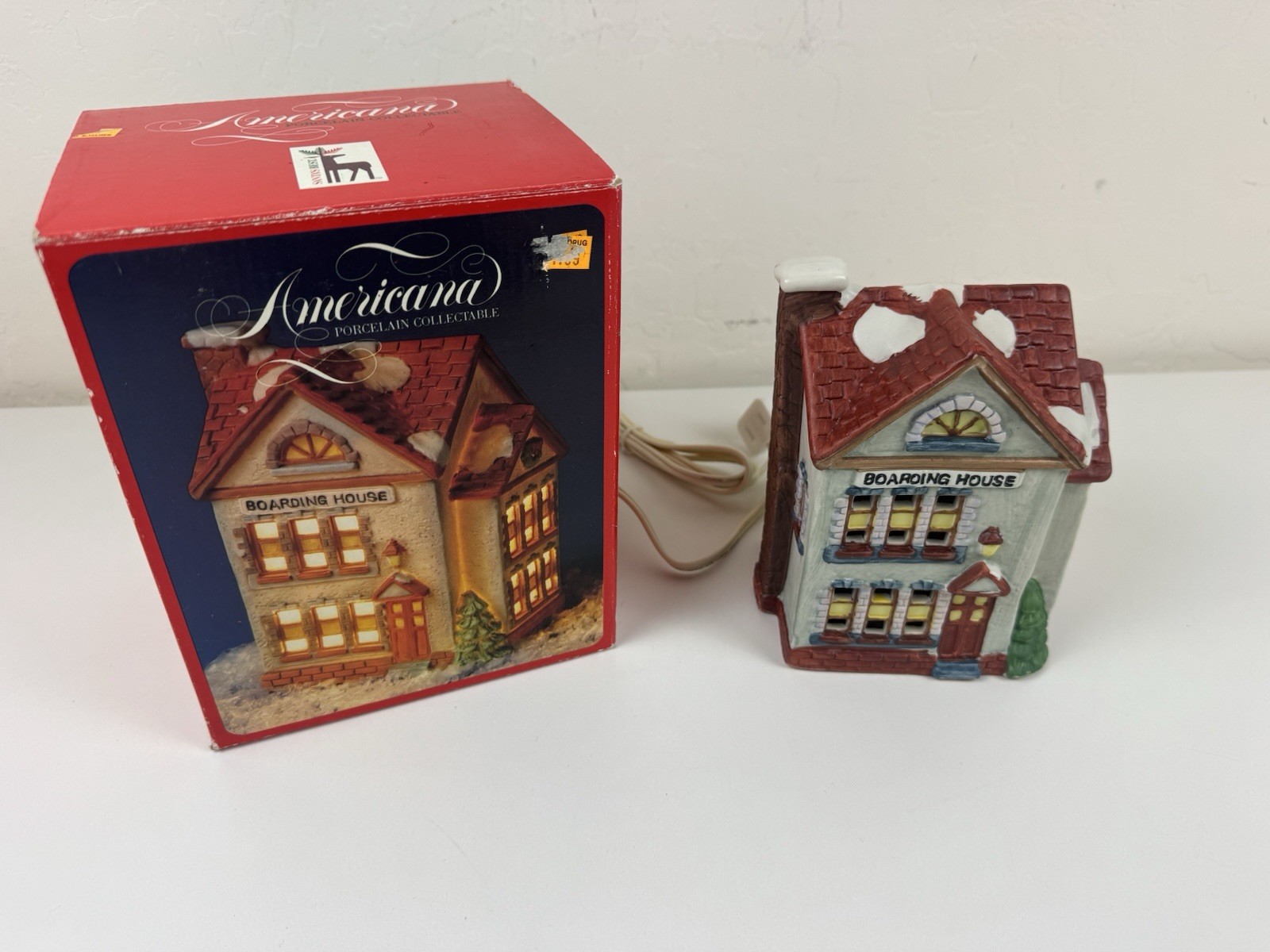 Americana Christmas Village Ceramic BOARDING HOUSE Hand Painted 1991 W/Light