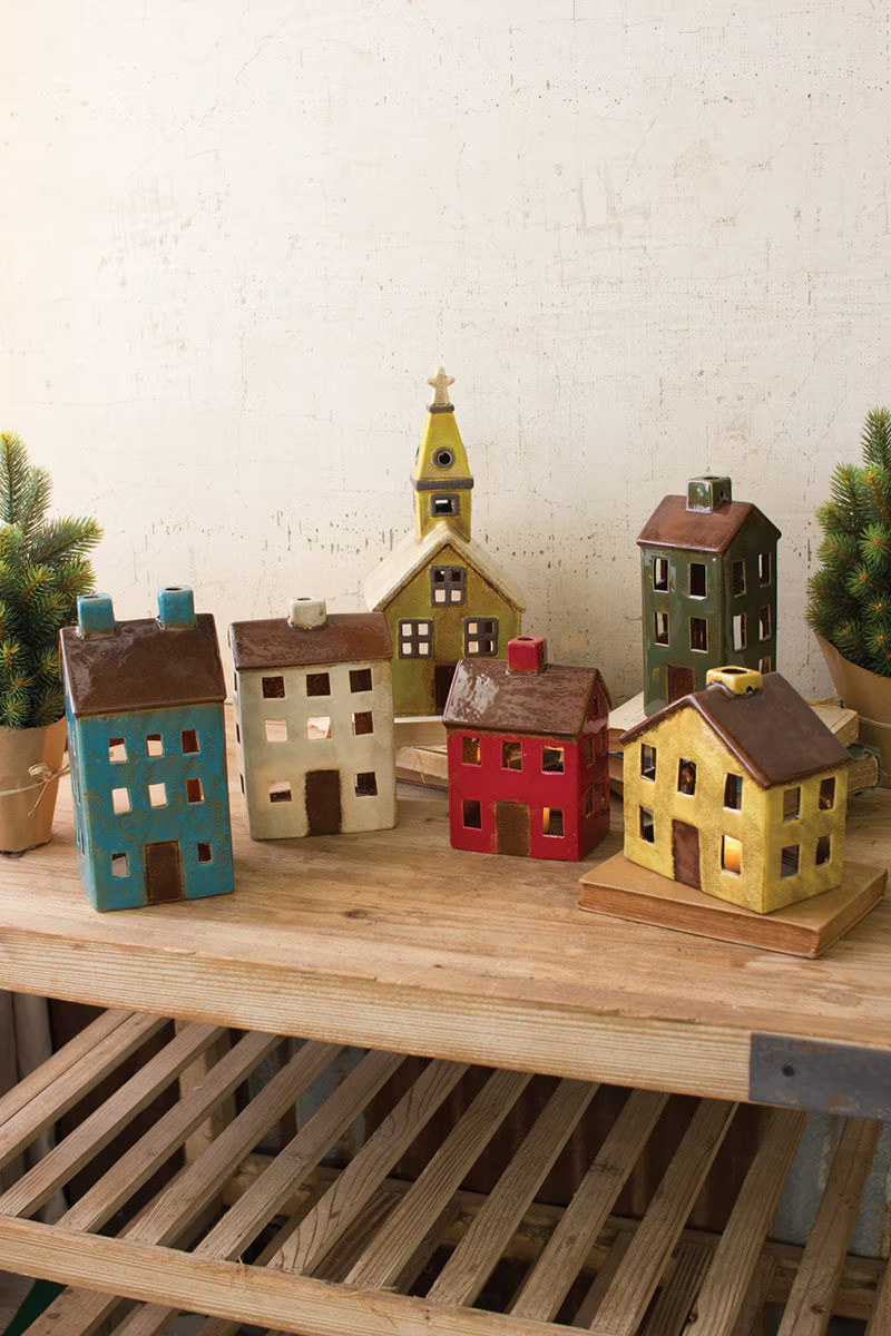 Set Of 6 Colorful Ceramic Village Luminaries For Christmas Season Home Decor