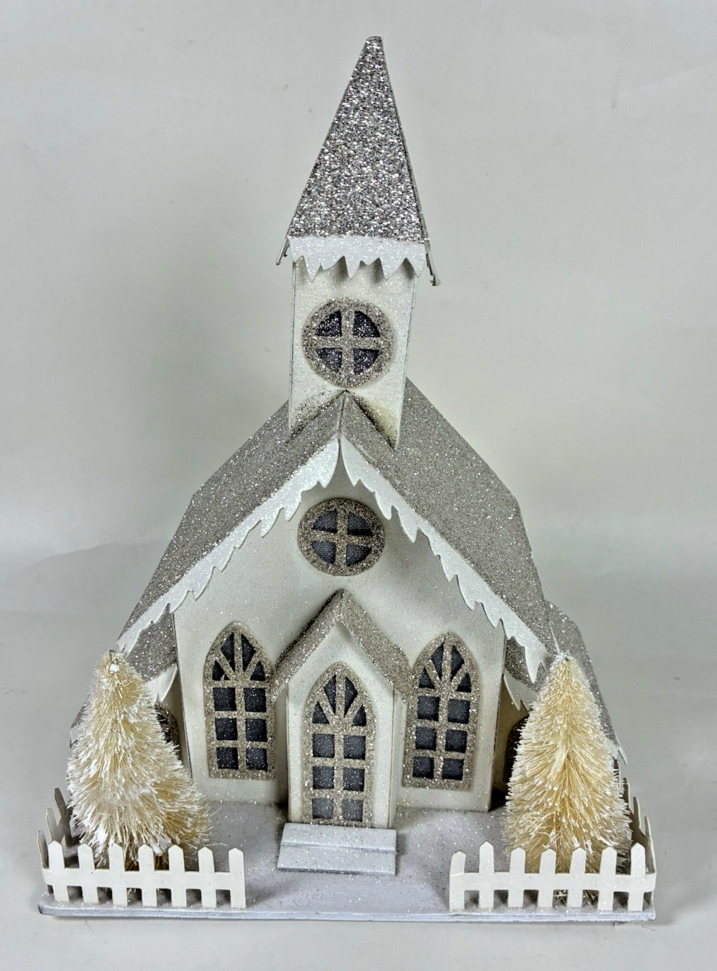 Putz Style Glittered Cardboard Christmas Village Church Bottle Brush Trees 12″
