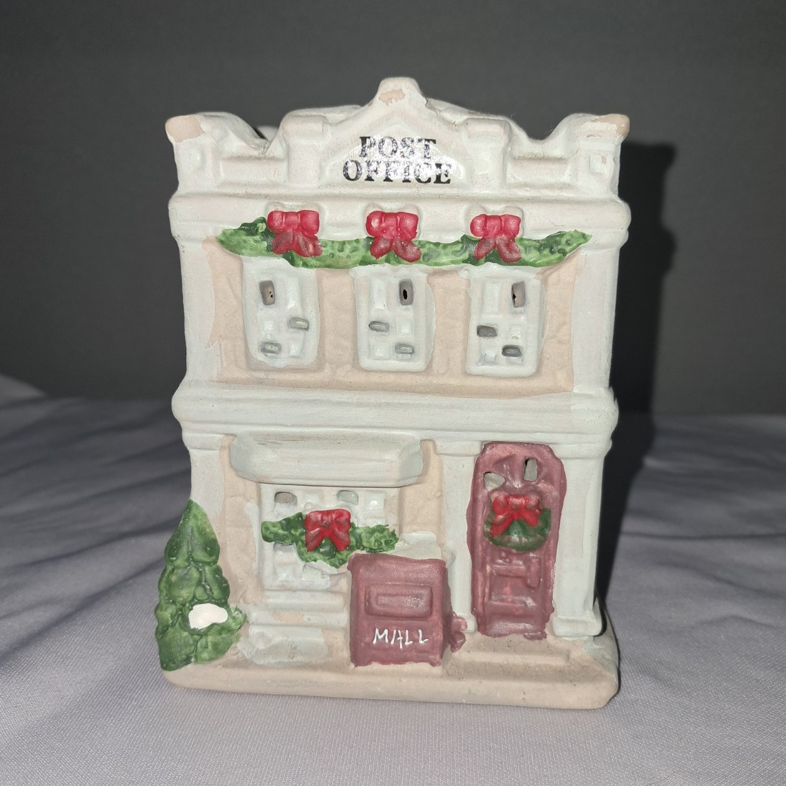Ceramic Christmas Village Post Office Building House, Painted Multicolor