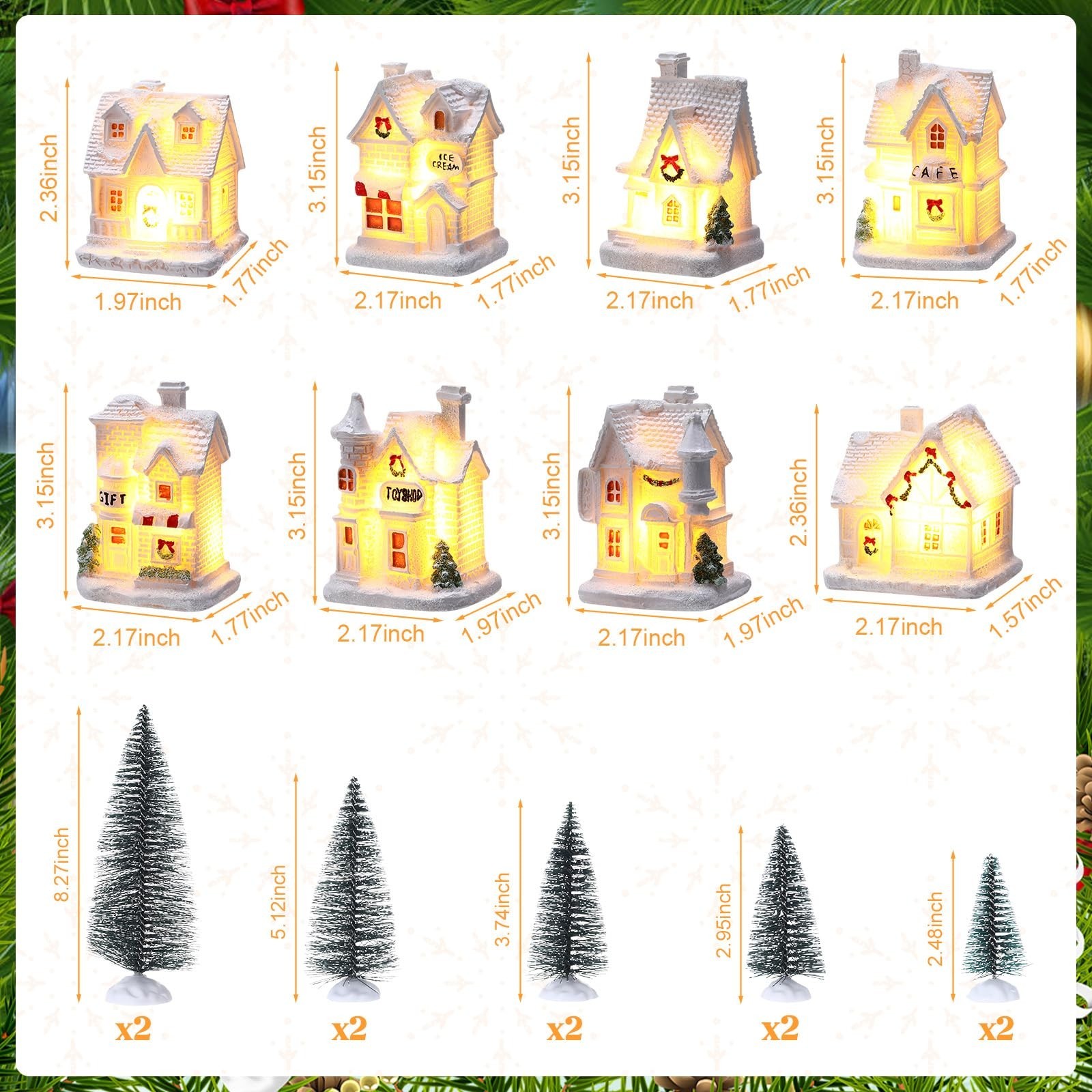 16 Pcs Light-Up Miniature Village Set – 8 LED Houses & Pine Trees Decor for Wint