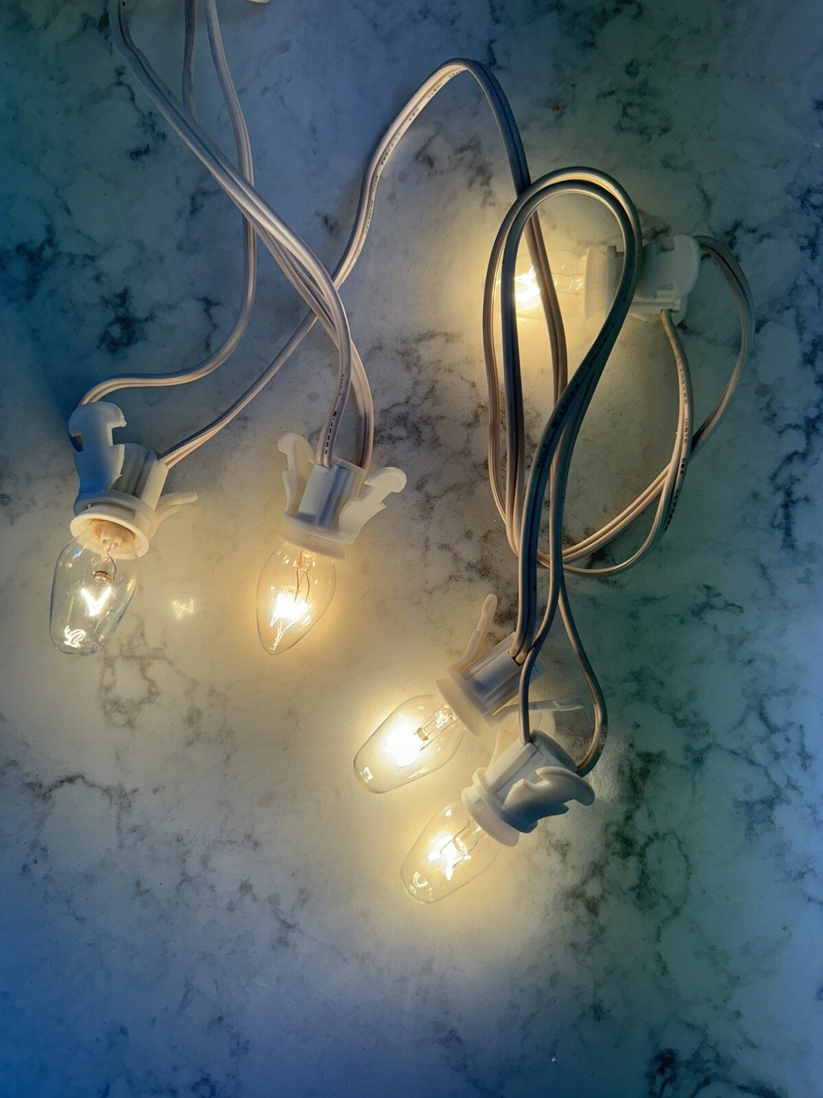5 Socket Light Cord & Bulbs No Switch 8’ White. Dept 56 Or Lemax Compatible